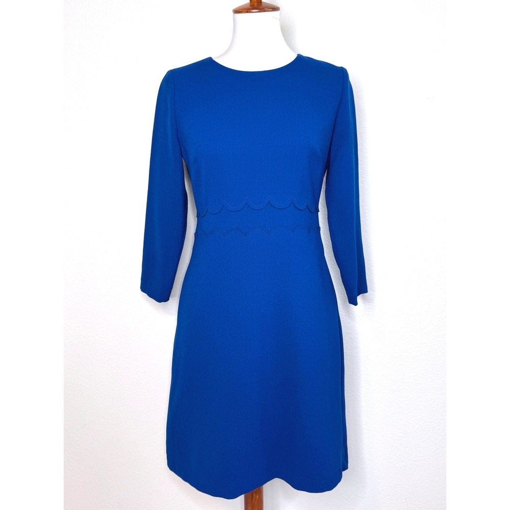 BANANA REPUBLIC Career Wear Shift Dress 4 Royal Blue 3/4 Sleeves Scallop Details